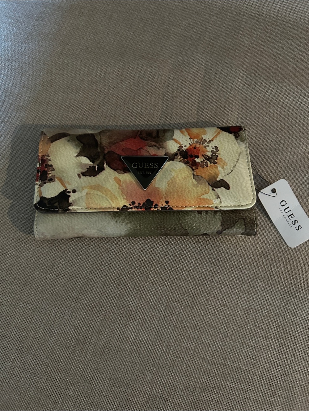 GUESS Floral Fold-Over Wallet in Cream, Brown & Orange Tones